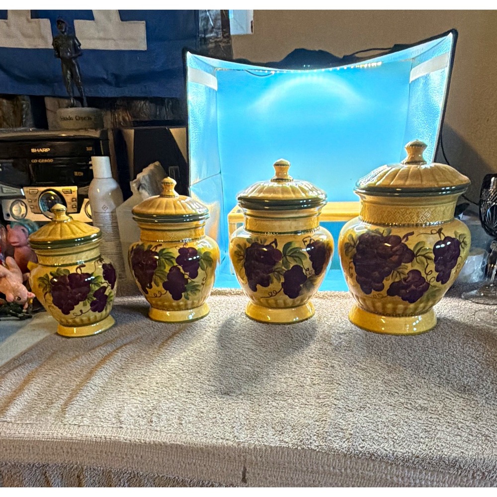 Casa Vero by Ack Tuscany Ceramic Grape Canister Set 4 Pc Lidded, MW/DS Safe. New